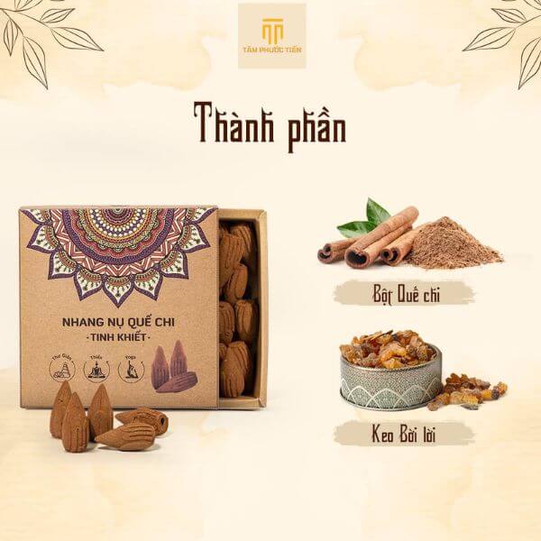 Nhang Nụ Tinh Khiết Quế Chi được lựa chọn từ Quế chi để tạo ra nhang nụ với mùi hương thơm ấm đặc trưng, mang lại cảm giác thư giãn, dễ chịu và nhiều tác dụng cho sức khỏe tinh thần.