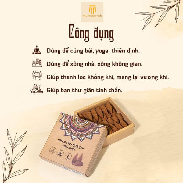 Nhang Nụ Tinh Khiết Quế Chi được lựa chọn từ Quế chi để tạo ra nhang nụ với mùi hương thơm ấm đặc trưng, mang lại cảm giác thư giãn, dễ chịu và nhiều tác dụng cho sức khỏe tinh thần.