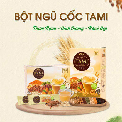 Bột ngũ cốc TAMI từ 9 loại đậu, hạt nảy mầm, có giá trị dinh dưỡng và khoáng chất cao. Sản phẩm hoàn toàn từ thiên nhiên, không chất bảo quản, hương liệu và phẩm màu.