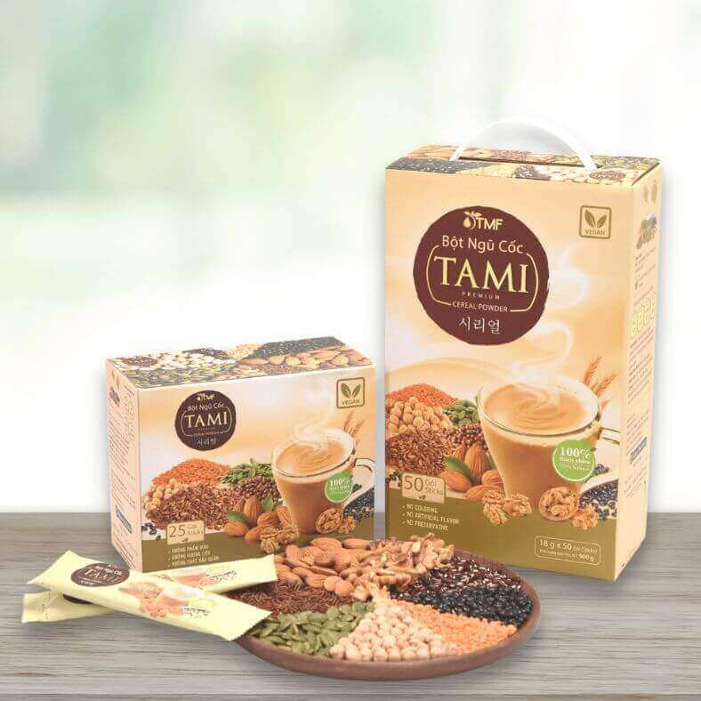 Bột ngũ cốc TAMI từ 9 loại đậu, hạt nảy mầm, có giá trị dinh dưỡng và khoáng chất cao. Sản phẩm hoàn toàn từ thiên nhiên, không chất bảo quản, hương liệu và phẩm màu.