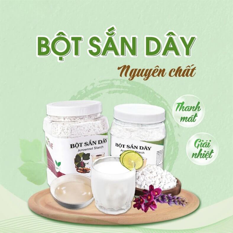 Bột Sắn Dây Nguyên Chất giúp thanh nhiệt, giải độc, giải khát và hỗ trợ giảm cân. Giải cảm, cải thiện tình trạng thiếu sữa ở sản phụ., Trị ngộ độc thực phẩm, đại tiện ra máu và ngộ độc rượu, Hỗ trợ điều trị chứng lỵ do nhiệt.