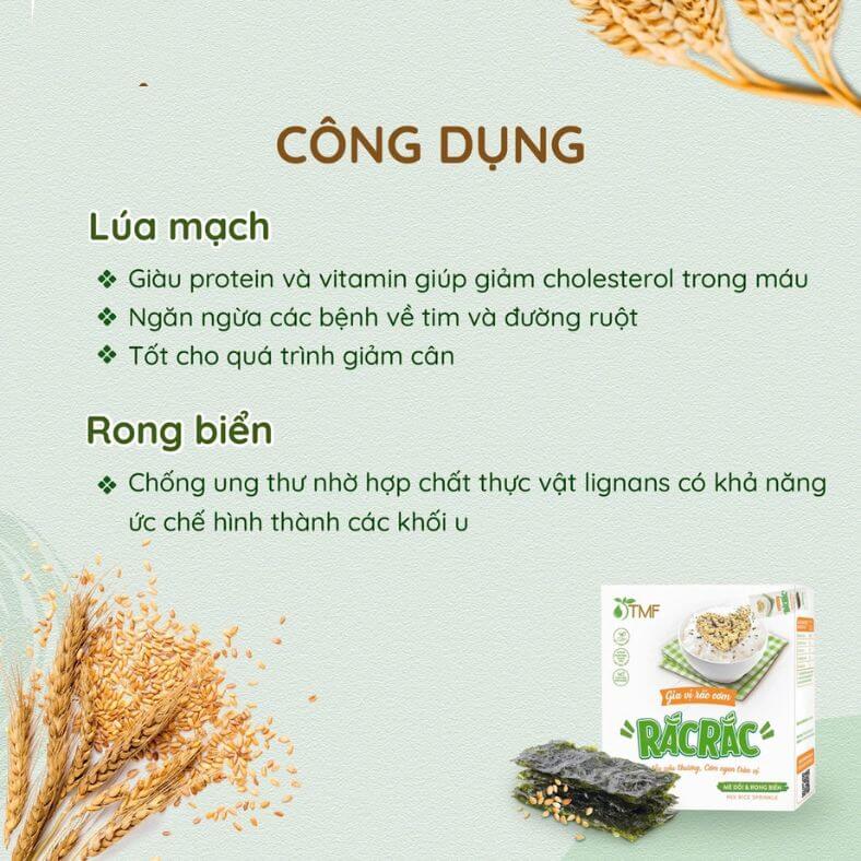 Gia Vị Rắc Cơm Lúa Mạch Rong Biển với sự kết hợp độc đáo của lúa mạch giòn rôm rốp, mè đồi Tây Bắc béo bùi cùng với rong biển mằn mặn tạo nên một món ăn thơm ngon, dinh dưỡng, nhưng vẫn giữ được hương vị đậm đà của muối vừng truyền thống.