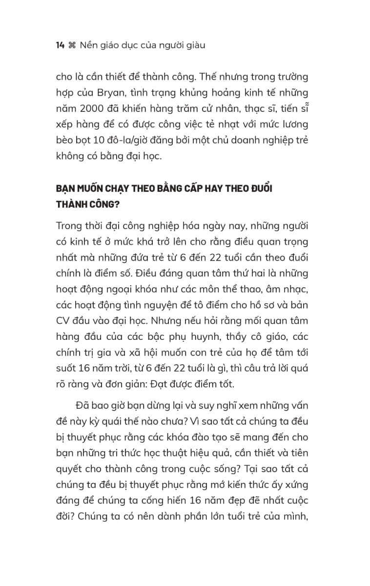 Nền Giáo Dục Của Người Giàu là quyển sách mang tính đột phá dành cho những ai đang tìm kiếm con đường dẫn đến thành công mà không cần dựa vào bằng cấp đại học