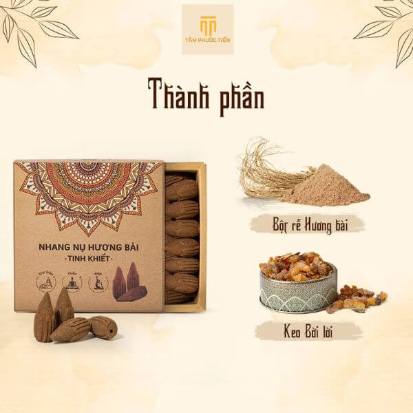 Nhang Nụ Hương Bài Tinh Khiết - Sản Phẩm Từ Thiên Nhiên sản xuất thủ công, không sử dụng hóa chất, phẩm màu hay chất tạo hương, sản phẩm nhang nụ Hương bài mang lại một hương thơm dịu nhẹ, ngọt ngào, hoàn toàn an toàn cho sức khỏe người sử dụng.