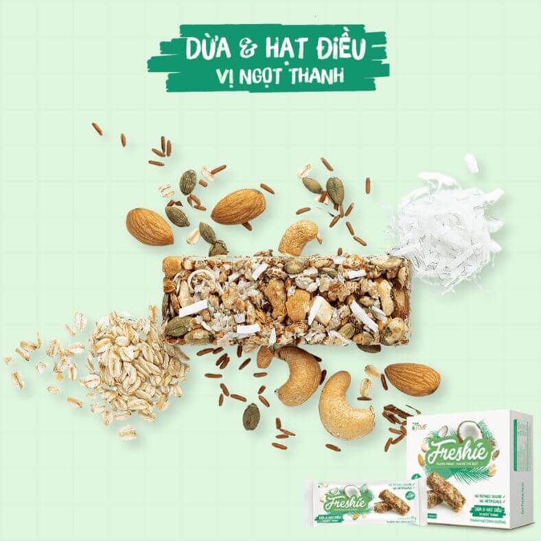 Thanh Hạt Dinh Dưỡng Freshie - Dừa & Hạt Điều thành phần tự nhiên từ dừa, hạt điều và mật dừa nước. Bổ sung dinh dưỡng nhanh chóng và tiện lợi, là bữa ăn xế hoàn hảo cho bạn và gia đình.
