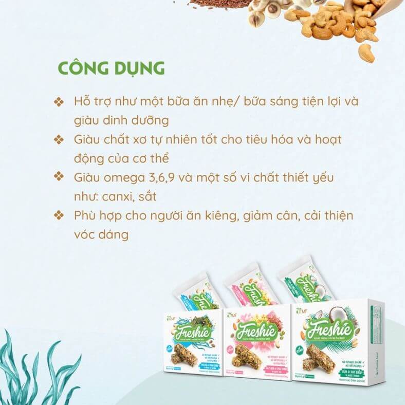 Thanh Hạt Dinh Dưỡng Freshie - Dừa & Hạt Điều thành phần tự nhiên từ dừa, hạt điều và mật dừa nước. Bổ sung dinh dưỡng nhanh chóng và tiện lợi, là bữa ăn xế hoàn hảo cho bạn và gia đình.