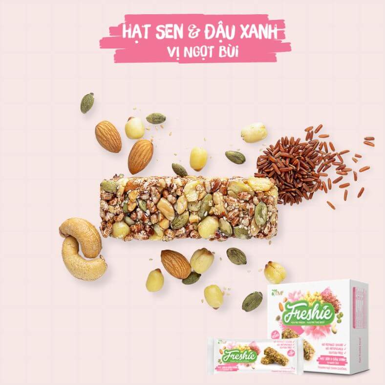 Thanh Hạt Dinh Dưỡng Freshie - Hạt Sen & Đậu Xanh mang đến nguồn năng lượng tươi mới, giúp bạn cảm thấy trẻ trung, năng động và tự tin để học tập, làm việc, trở thành “the best version” - phiên bản tốt nhất của chính mình.